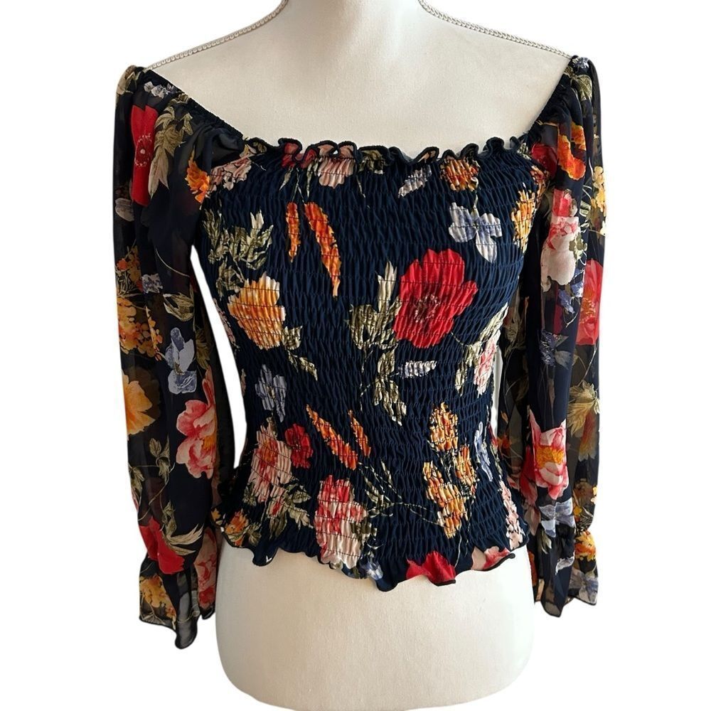Lavish Sheer Smocked Floral Crop Blouse Size Small